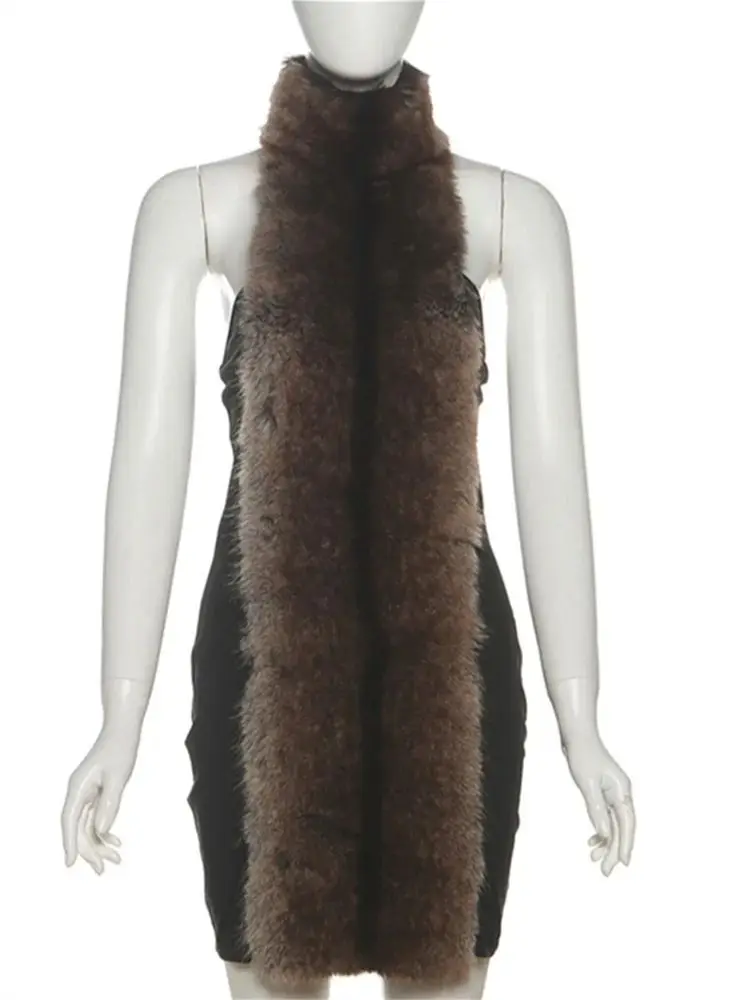 Nibber Rückenfreies Flusen-Patchwork-Kleid für Damen, Neckholder, Rollkragen, schulterfrei, dünn, pfirsichfarben, Hüfte, Hottie, High-Street-Style, figurbetont