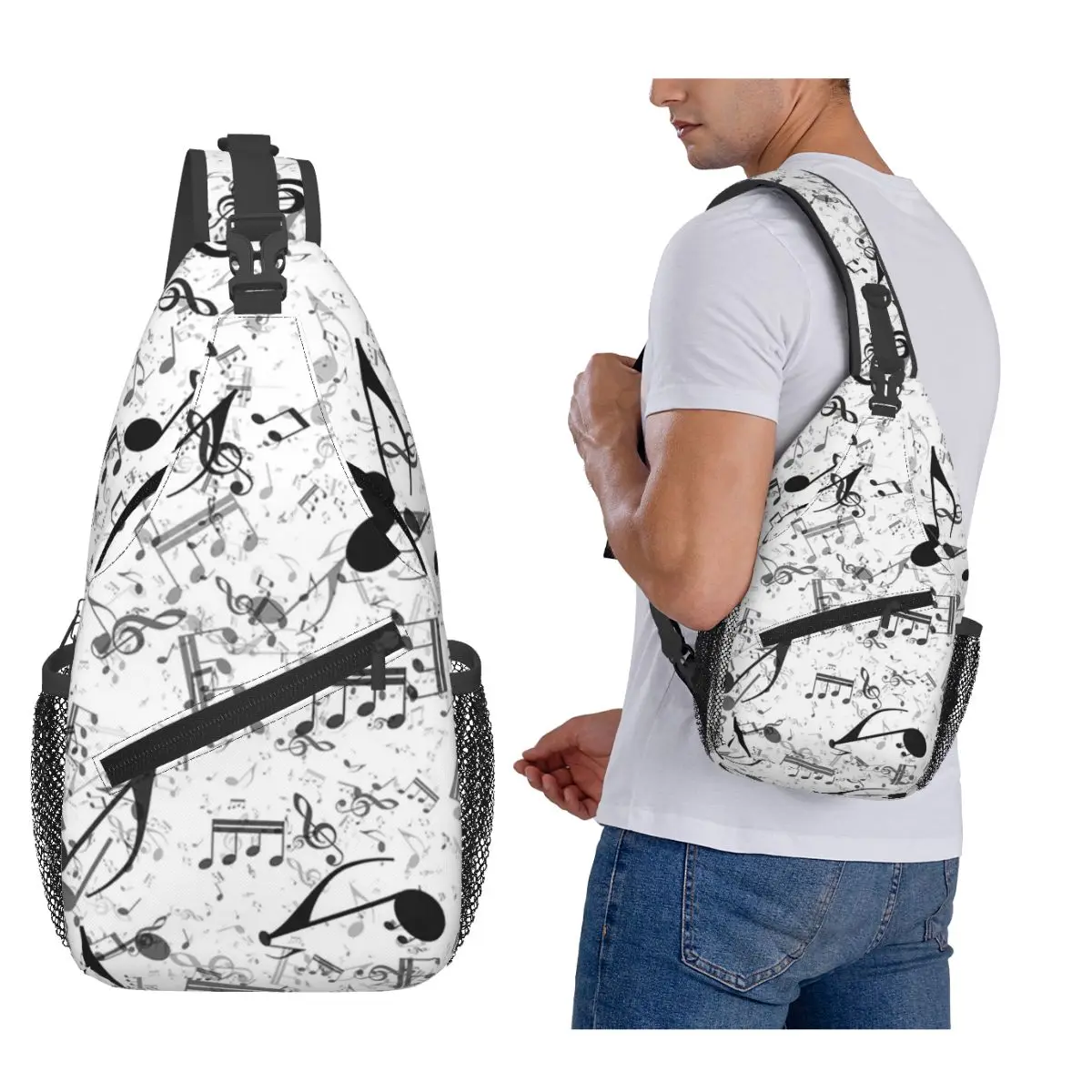 

Bass Music Notes Chest Bag Men Sling Crossbody Backpack Chest Bag Traveling Hiking Daypack Shoulder Bag
