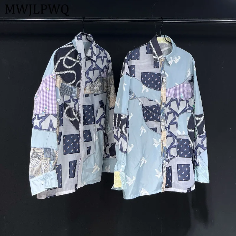 

MWJLPWQ 2025 New Blue Long Sleeve Shirt For Men High Street Spliced Patch Design Single Breasted Women Loose Casual Tops 11430