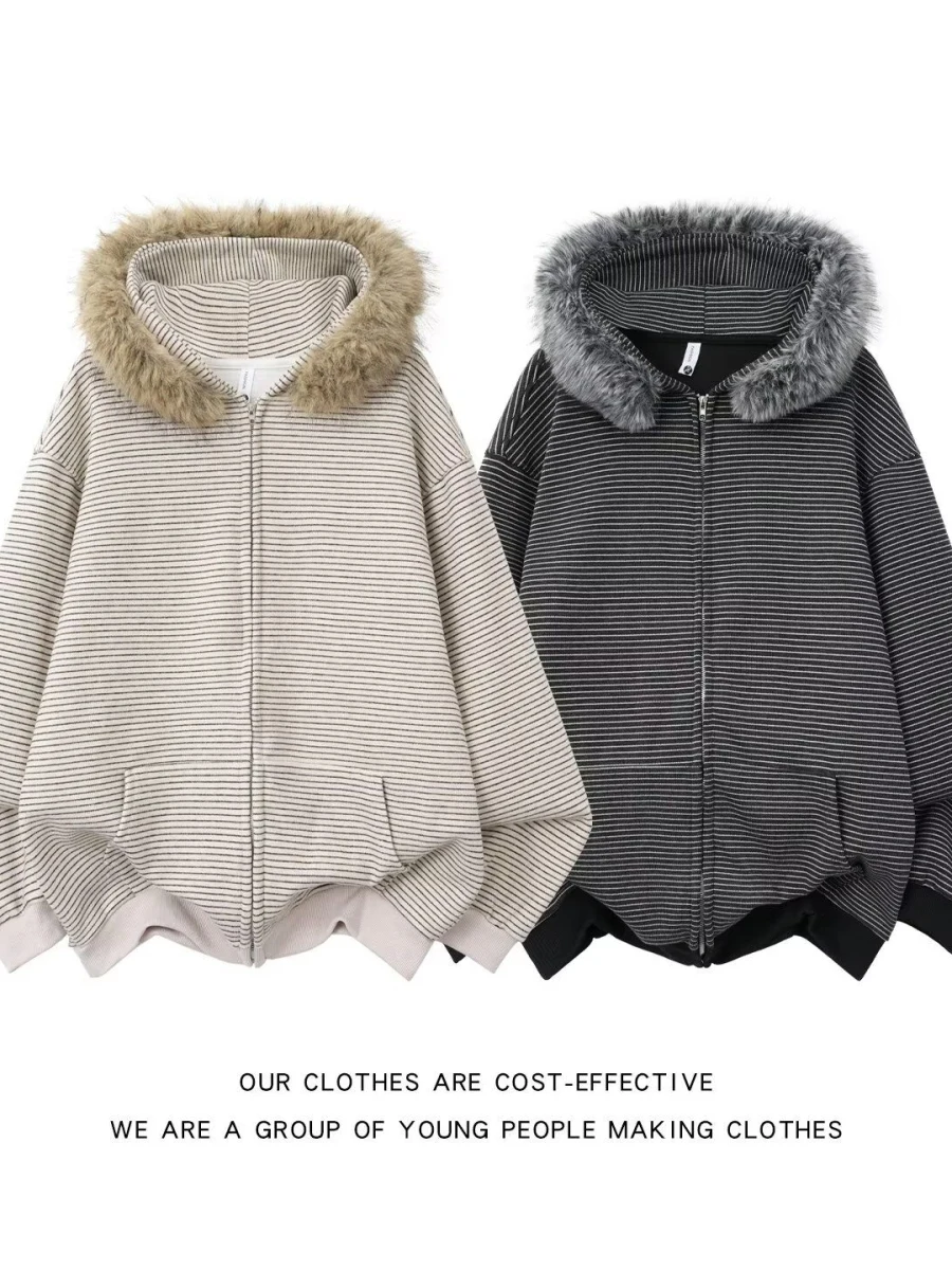 

American Retro Fce Lined Thiened Hooded Sweatirt Jaet ex Loose Versatile Spor Sle Warm Top Cotton Knittedwear