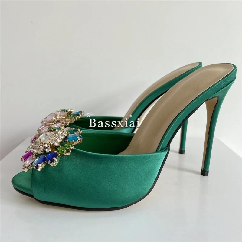 Colorful Rhinestone Buckle Decor Sandals Women 10cm Stiletto Heel Luxury Satin Slingbacks Summer Mules image 6
