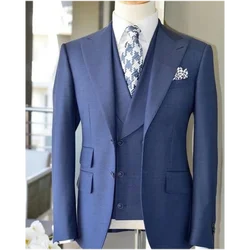 Vintage blue Prince Style Groomsmen Men Suits Stand Collar Groom Wedding Tuxedos Male Blazer Set Formal Wear Jacket+Pants+Vest