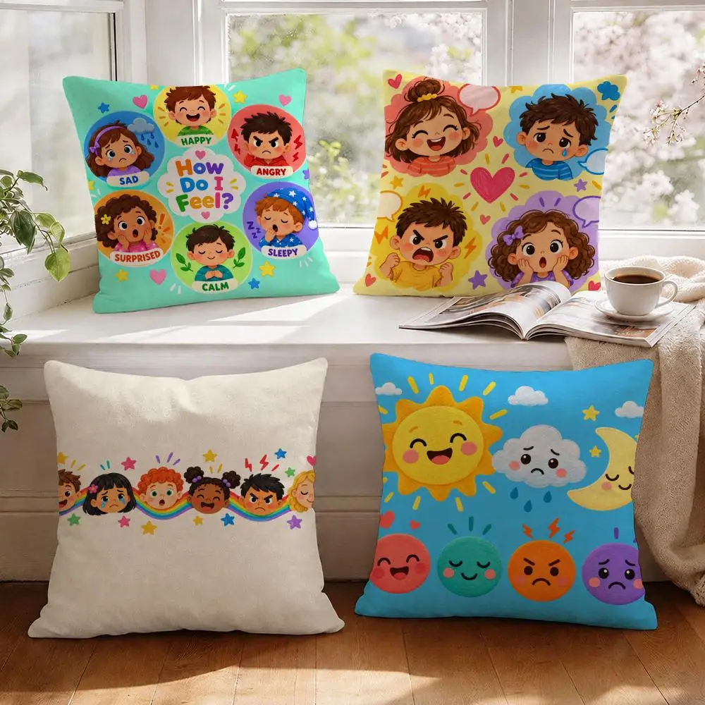 Feelings Faces Cushion Cover 1/4Pcs Linen Throw Pillow Covers Double-Side Print Sofa Couch Living Room Decor