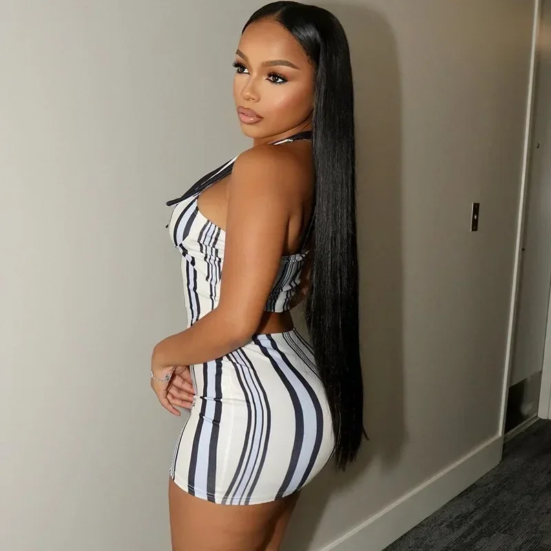 المرأة مخطط طباعة بلا أكمام الرسن عارية الذراعين بلوزات قصيرة للغاية ووركين ملفوفة تنورة صغيرة، مثير، مجموعة 2PCS