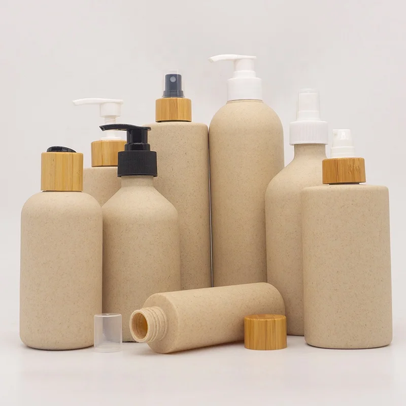 

Wholesale 100/250/300/400ML Recycled Biodegradable Wheat Straw Lotion Plastic Shampoo Pump Bottles with Bamboo Lids Flat Cylinde