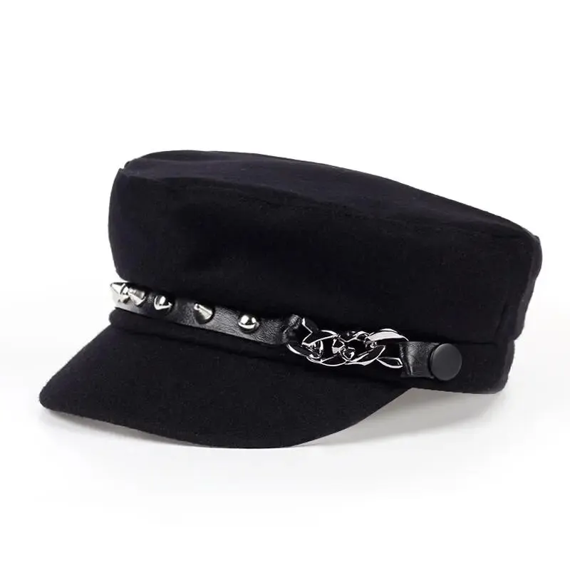 Unisex Rivet Chain Military Hats Flat Top Baseball Caps for Women Outdoor Sports Military Hats Cadet Sunscreen Hats