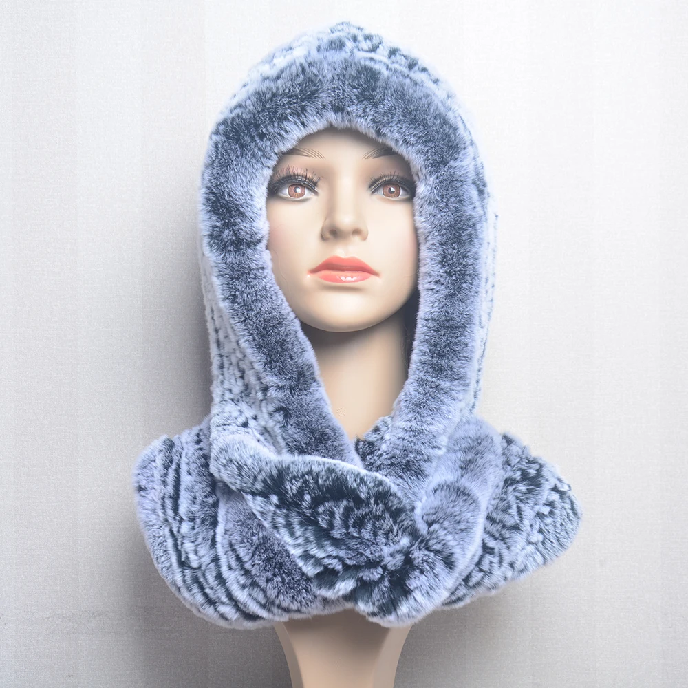 Women Knitted Real Rex Rabbit Fur Hat Hooded Scarf Winter Hats for Woman Fall Cap Warm Natural Fur Hat with Neck Scarves Bonnets