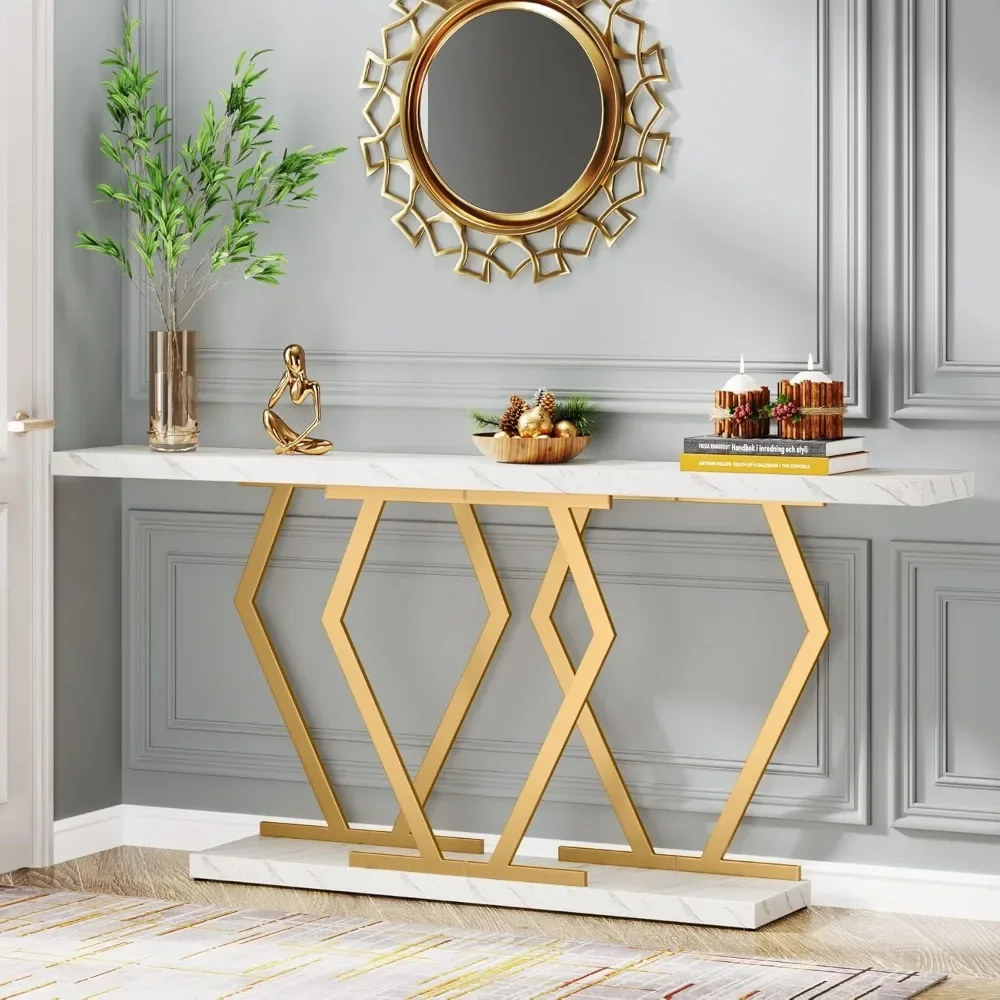 70.9 Inch Extra Long Sofa Table White and Gold Console Table with Faux Marble Tabletop,Modern Long Entryway Table Gold Frame