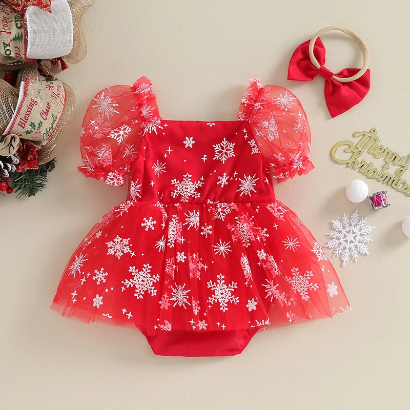 Newborn Infant Baby Girl Lace Christmas Romper Dress Short Sleeve Snowflake Print Tulle Mesh Skirt with Headband Xmas Clothes