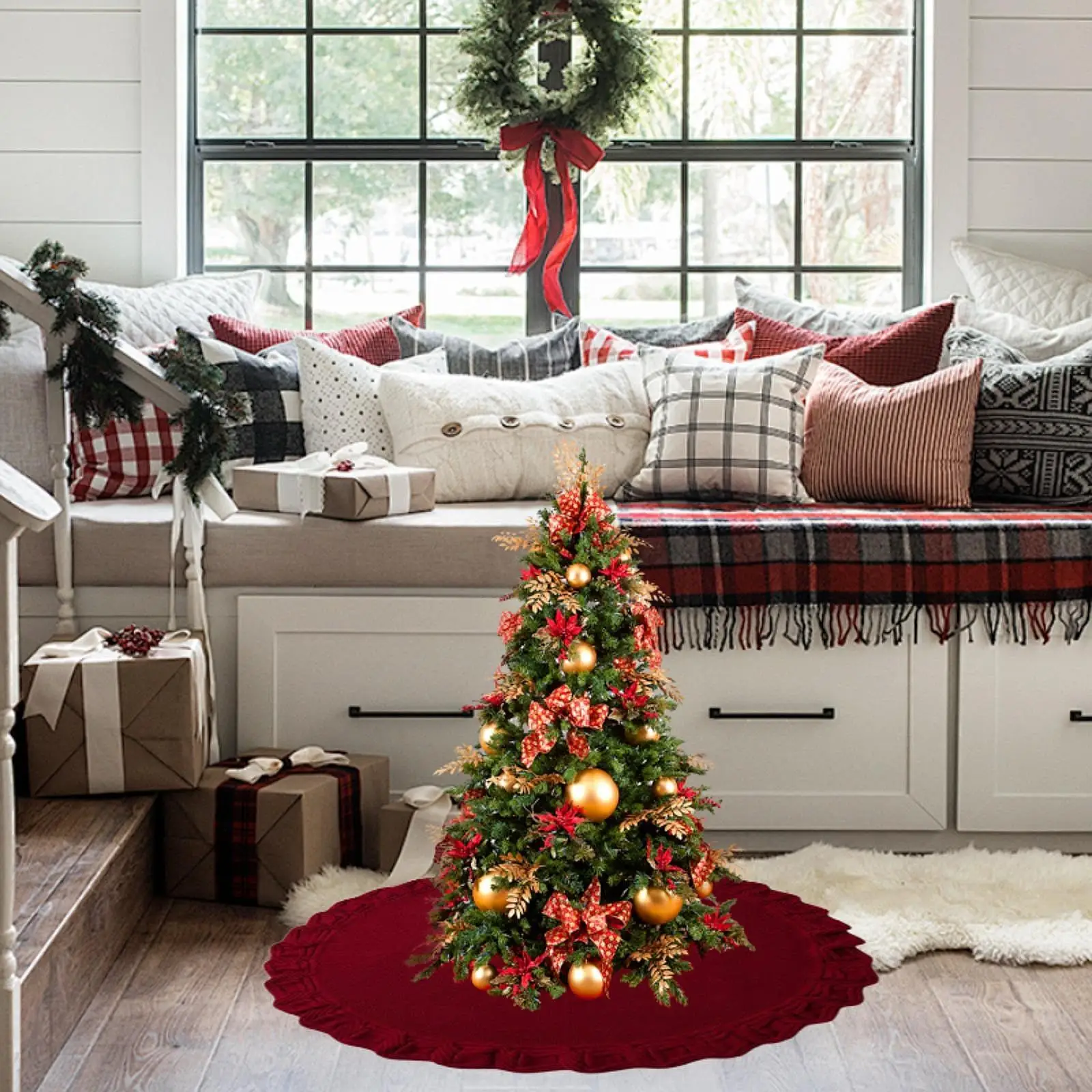 Decorative Christmas Tree Skirt Knitted Acrylic Mat for Holiday Home Living Room Bedroom Christmas Ornament