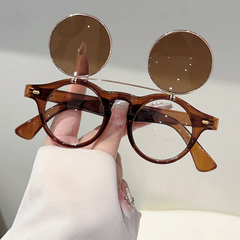 GM LUMIAS Retro Runde hochklappbare Sonnenbrille für Herren, 2025, modische Punk-Flip-Farbtöne mit Doppelgläsern, trendige Vintage-Sonnenbrille für Damen