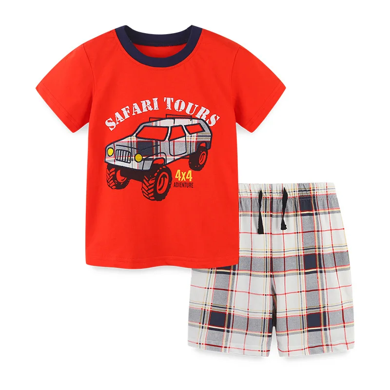 

2pcs/Set Children's Clothing Set Car Printing Short Sleeve T-Shirt + Cotton Plaid Shorts Knit Cotton Children's Suit 3-8Y