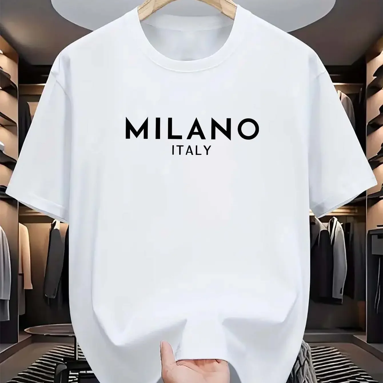 

Summer men's 100% pure cotton casual loose and fashionable MILANO ITALY letter printed round neck short sleeved T-shirt top