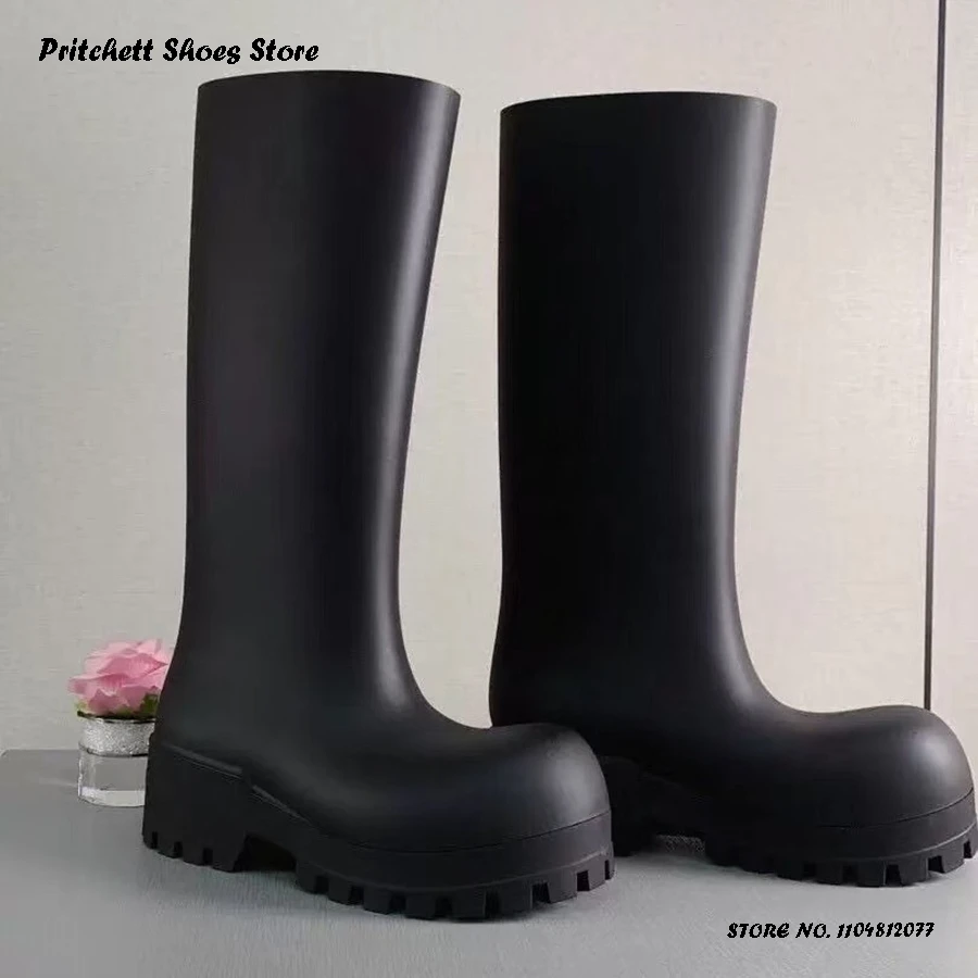 

Concise Height Increasing Women's Rainboots Round Toe Block Heel Waterproof Knee-high Boots Spring Summer Pull On Fashion Boots