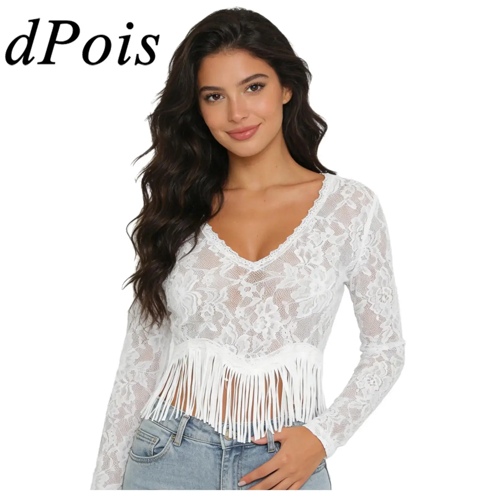 

Womens Vacation Blouses See Through Floral Lace Fringed Shirt Tops V Neck Long Sleeve Tassel Bottom Pullover Blouse Cover-up Top