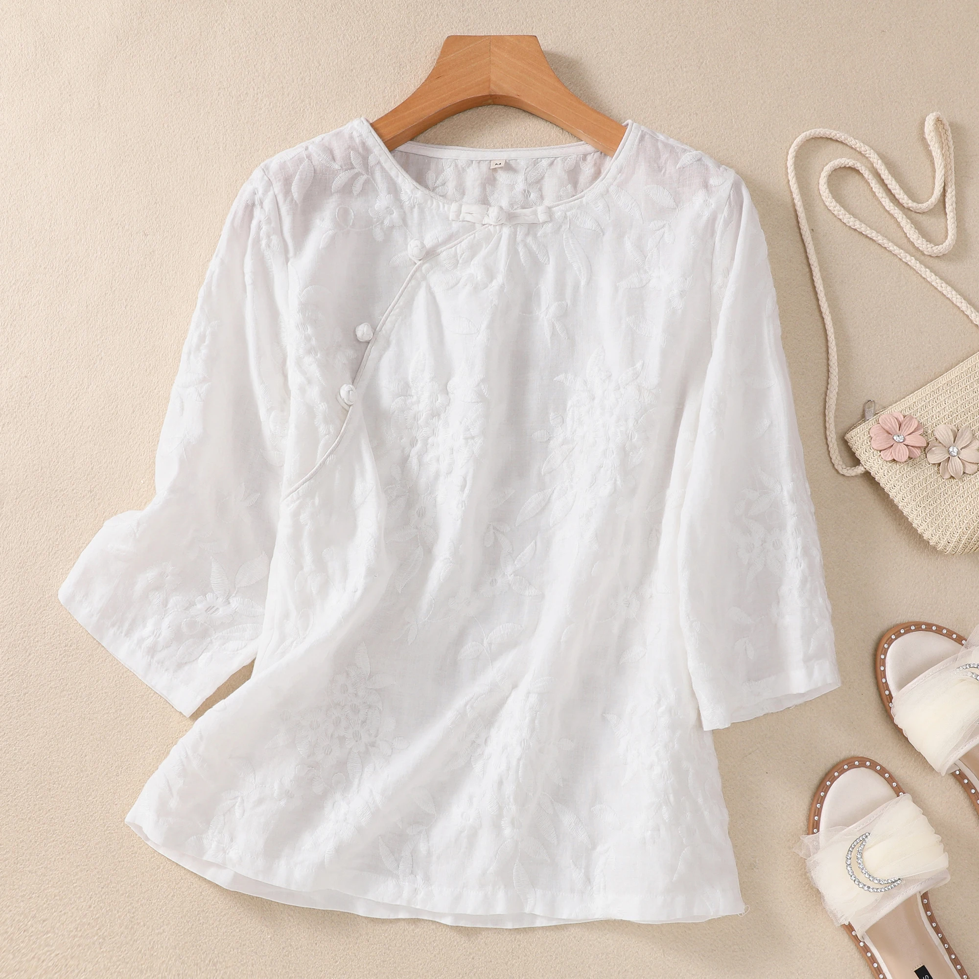 

White Embroidered Cotton Linen Women's irt Summer Loose Slimming Age-Defng Small Cotton Linen Top round Ne ort Sve