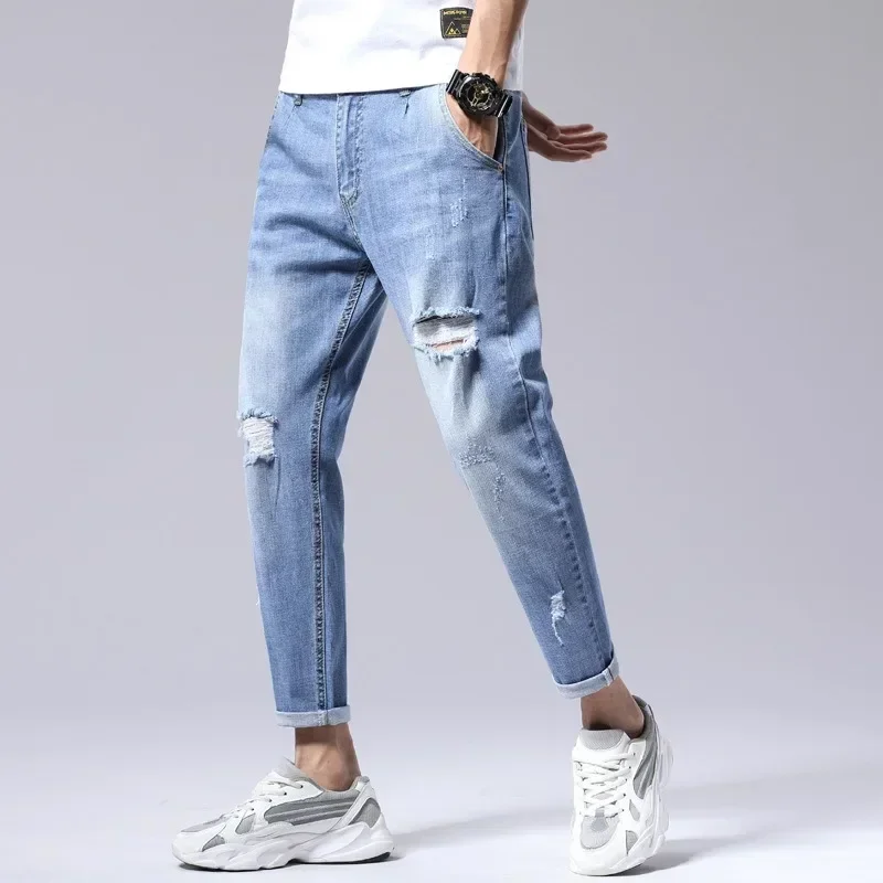 Calça jeans rasgada azul clara até o tornozelo masculino, calça jeans casual com furo, calça masculina de hip-hop arranhada, plus size 44, 46, 48