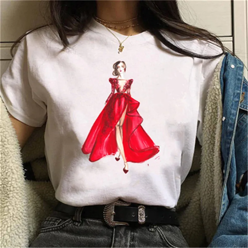 Maycaur New Ballet Printed T Shirt Harajuku Women T Shirt Cartoon Graphic Tops Tees White Ladies T-shirt Casual Woman Shirt