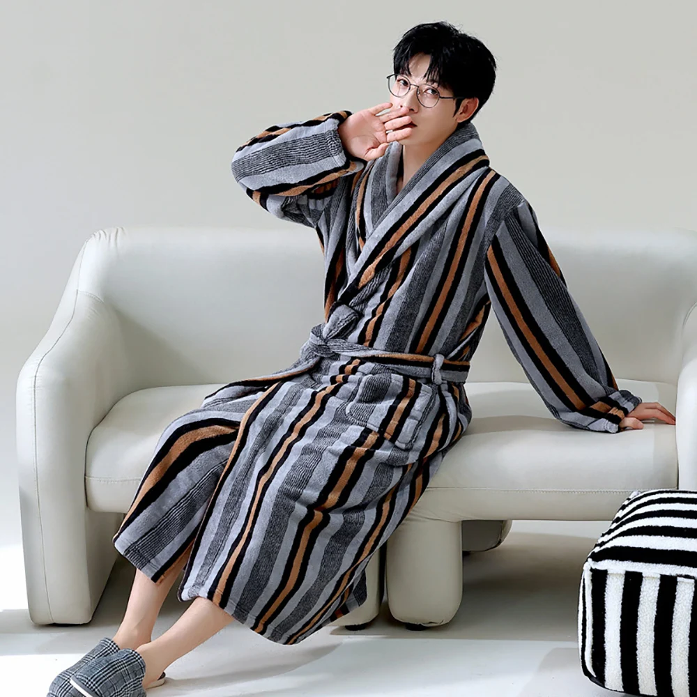 Luxury Striped V Neck Men\'s Bathrobe For 82.5kg Winter Thicken Flannel Plush Double Warm Sleepwear Comfortable Soft Shower Robe