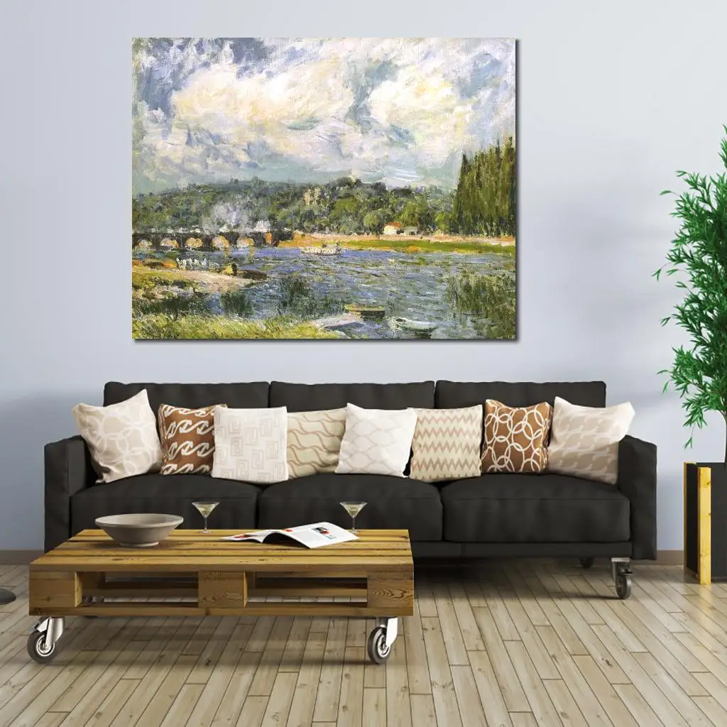 High Quality Canvas Art Handmade Alfred Sisley Oil Painting  Landscape Artwork Bridge at Moret Contemporary Living Room Large