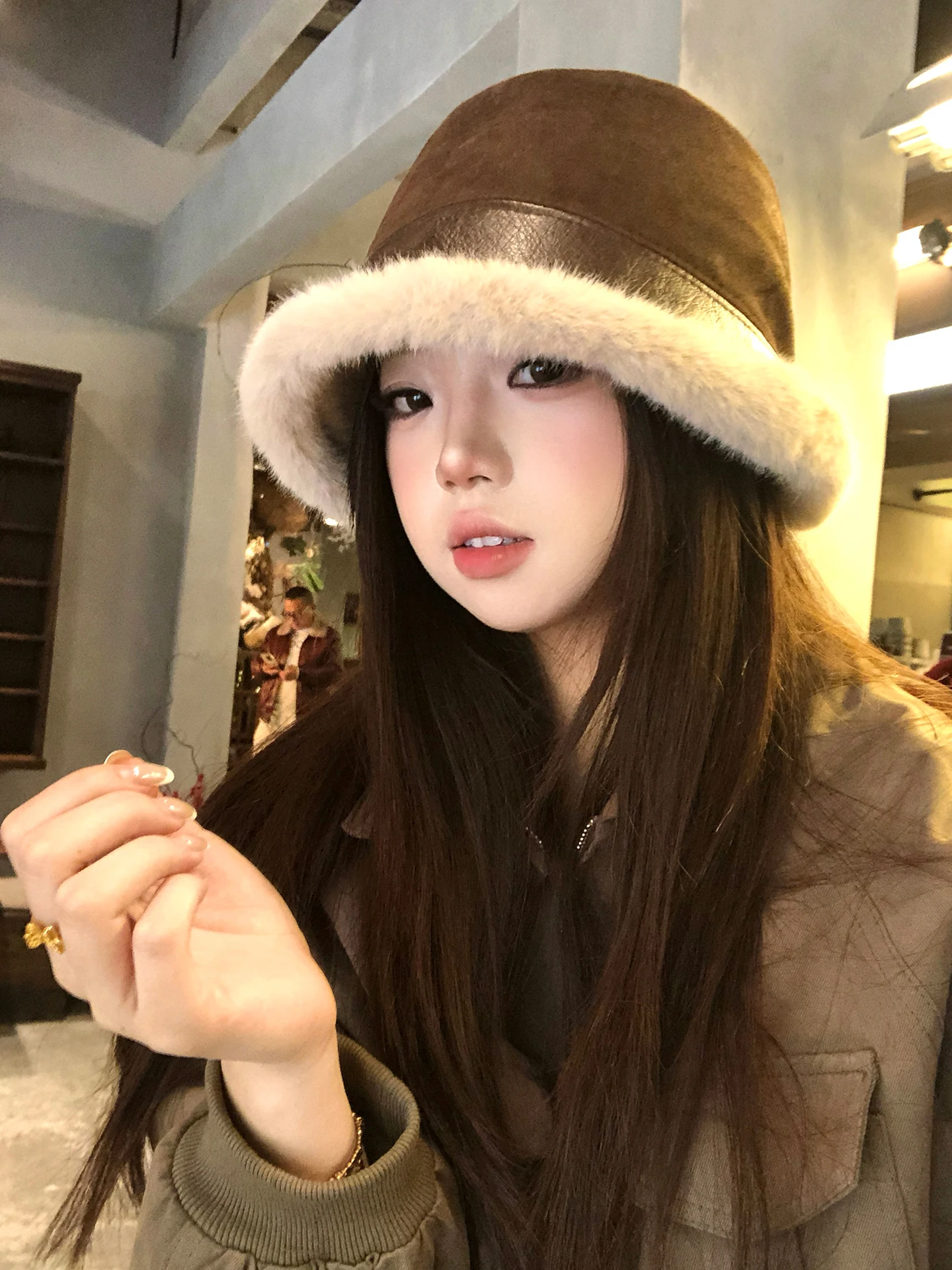 Winter New Style Women's Suede Bucket Hat Warmth Enhancing Face Slimming Brown Furry Pot Hat Adjustable Unisex Retro Fishing Cap