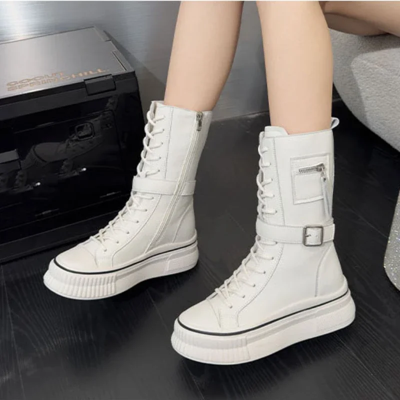 Fujin 4.5cm Microfiber Genuine Leather Platform Wedge Women Boots Ankle Spring Knee High Fashion Autumn British Boots ZIP Shoes