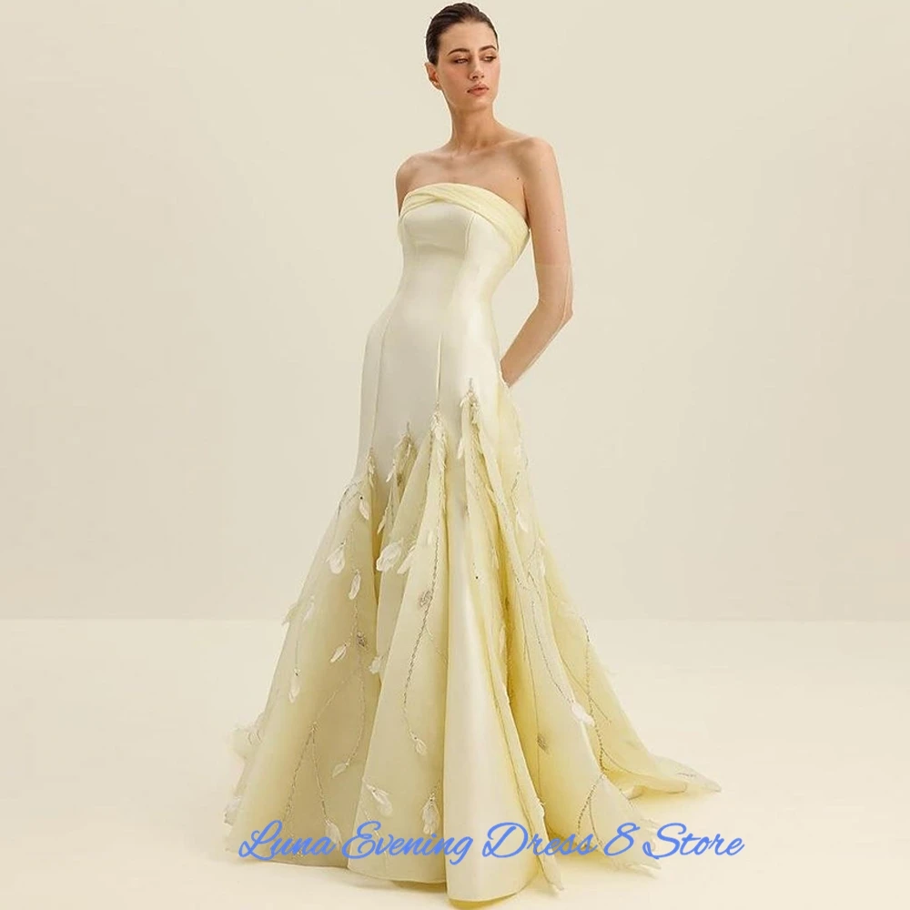 Customized  Exquisite Satin A-Line Appliques and Sequined Evening Dresses Strapless Sleeveless Panel Train Zipper Back