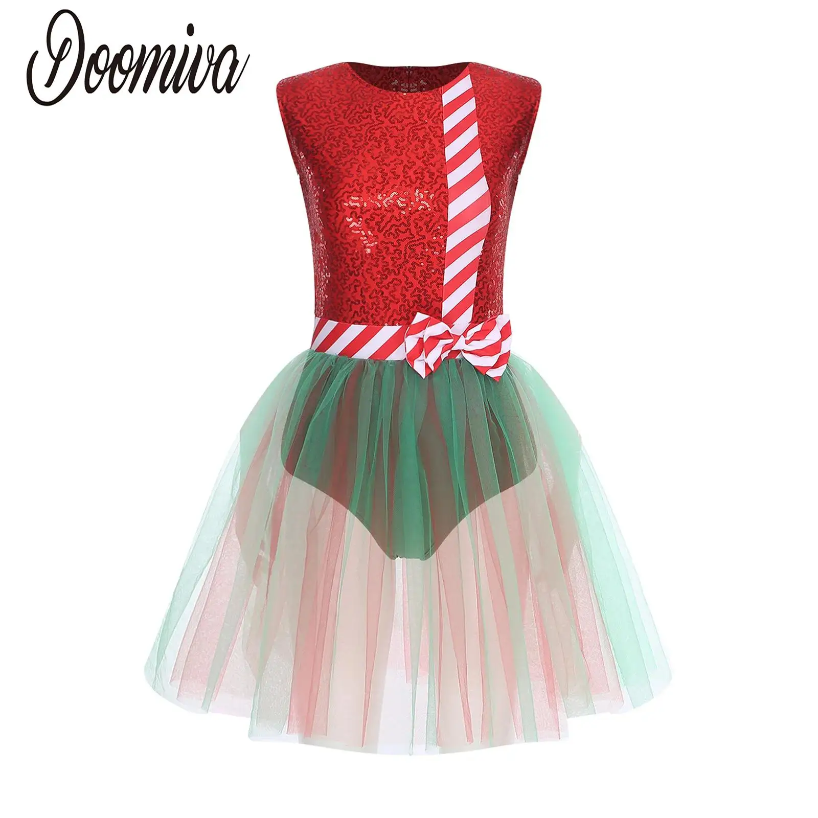 

Women Christmas Elf Costume Tutu Leotards Dress Sparkly Sequins Sleeveless Zipper Bow Mesh Puffy Dress for Festival Xmas Party