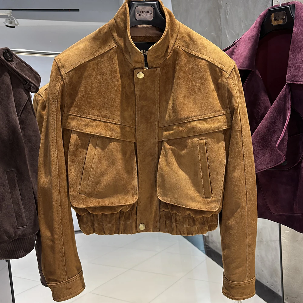 YOLOAgain 2026 Spring Short Suede Bomber Jacket Women Genuine Sheepskin Leather Jacket Ladies