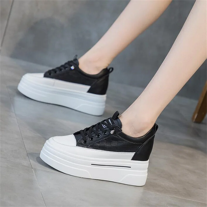 Women Platform 7CM Full Cow Genuine Leather Sneakers Wedge White High Heel Women Casual Shoe Black Chunky Sneakers Spring Autumn