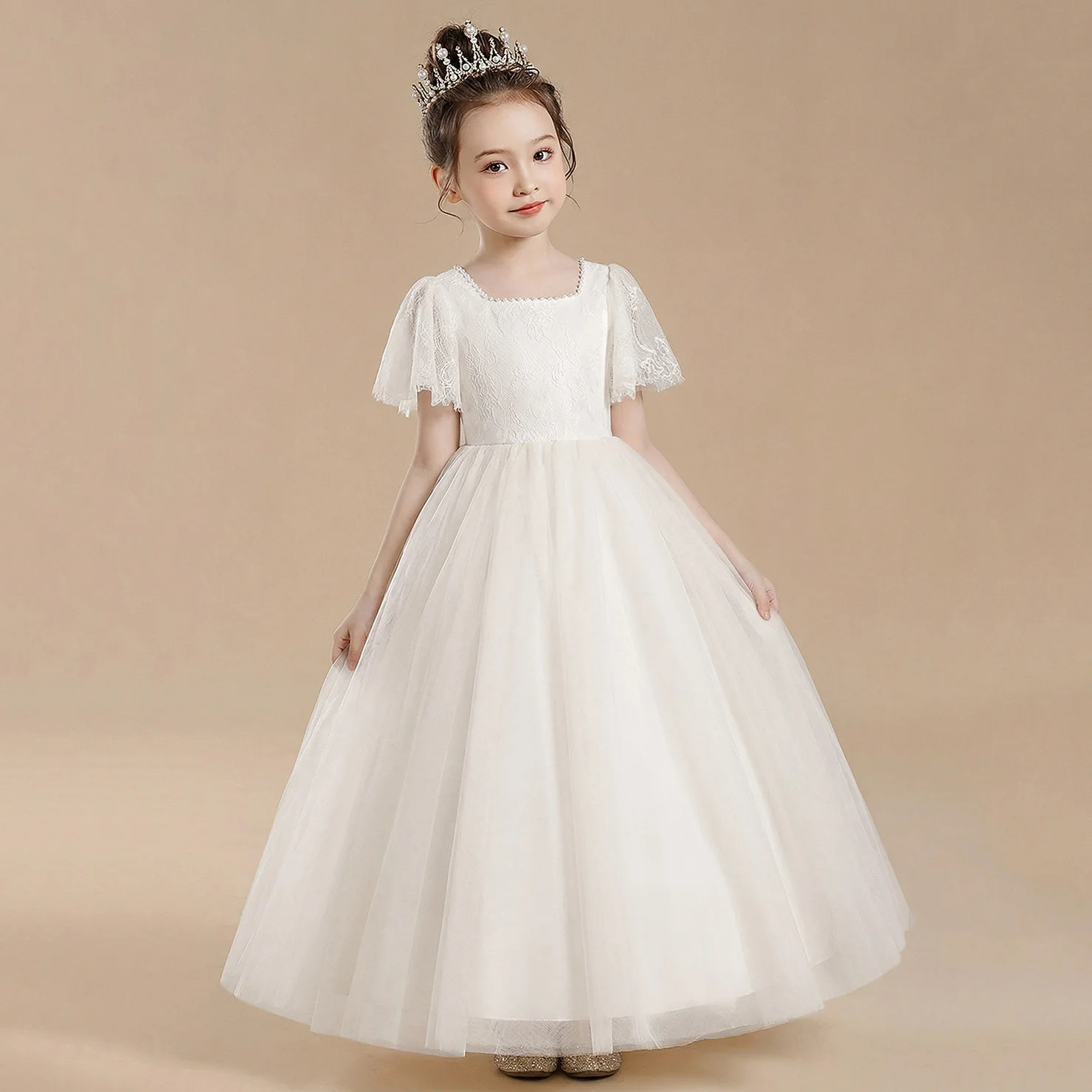 

Белое кружевное платье для девочек с вышивкой бисером на лифе, вечернее платье, платье принцессы/на заказ