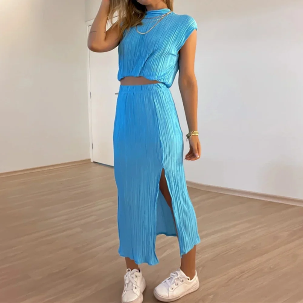 

Solid Two Piece Sets Women Crop Top Long Skirt Suits Beach Wear Short Sleeve Bohemia Ruffle Dress Matching Set Clothing 2024