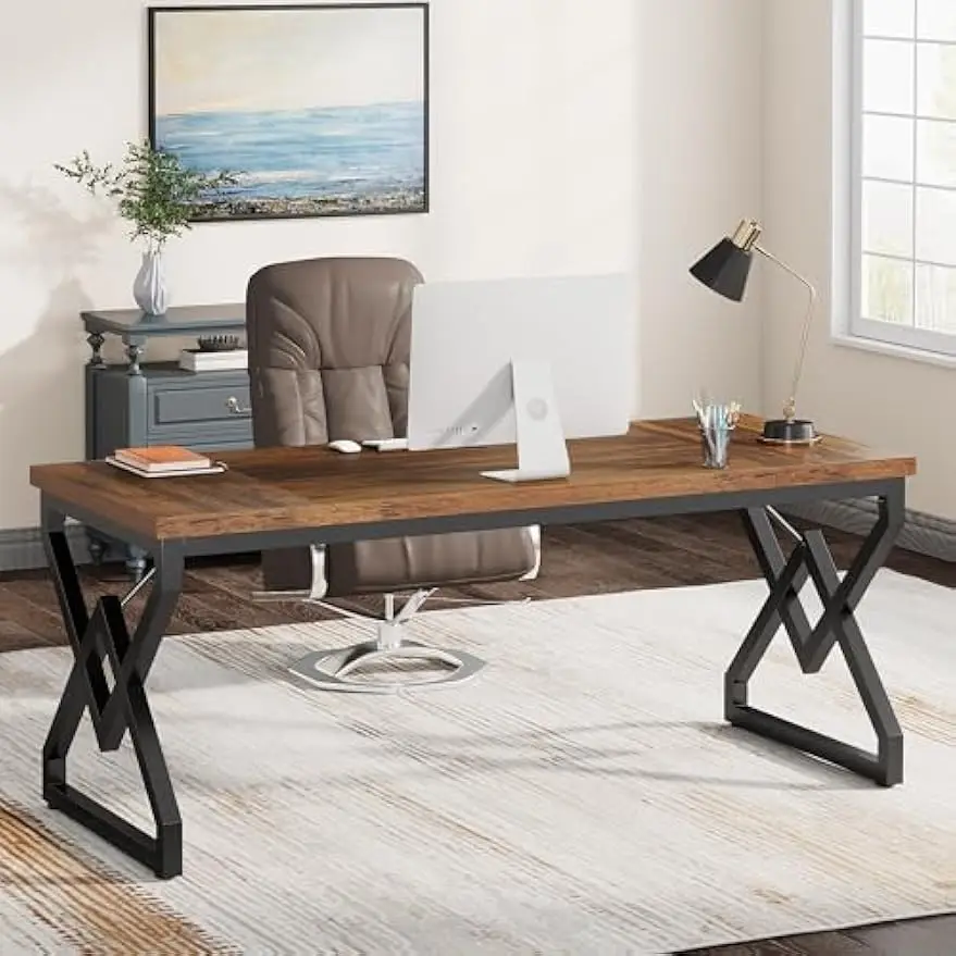Office Desk with Extra Thickened Wooden Tabletop and Metal Frame, Large 63 Inches Computer Desk Writing Table for Home Office