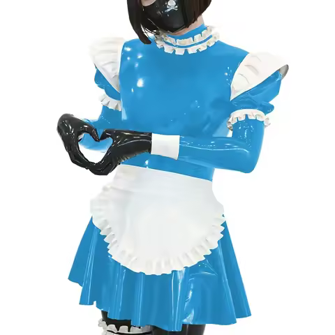 Wetlook Crossdressing Maid Uniforms Sissy Halloween Costumes Anime Cosplay Long-sleeved PVC Shiny Lolita Maid Dress Outfits 7XL
