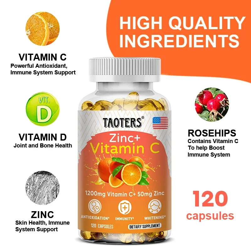 Taoters Vitamine C + Zinksupplement-Hoge Absorptie-Immuunsysteem, Huidgezondheidsvitaminen-Antioxidant Supplement