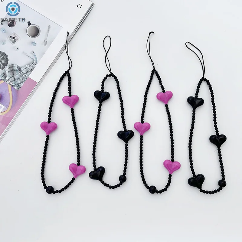 Korean Black Heart Phone Charm Straps Acrylic Beaded Cell Phone Chains Handy Wristlet String Lanyard Y2K Jewelry Accessories