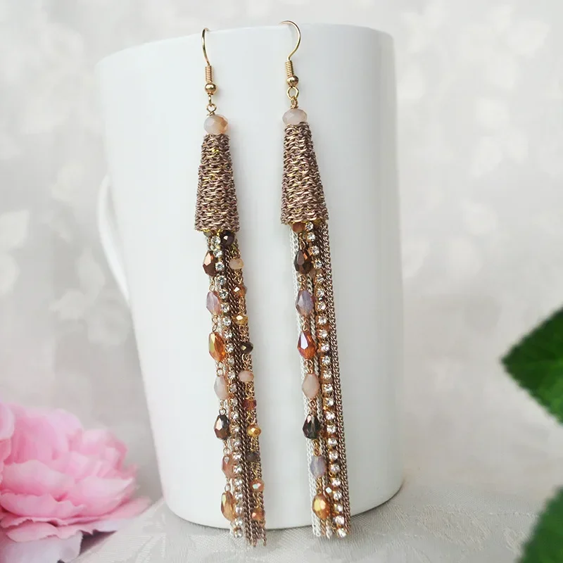 S925 Bohemian Ethnic Exaggerated Long Tassel Earrings Fashionable Trendy Beads Earring for Women image 2