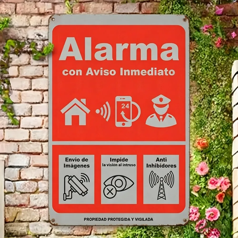 Vintage Spanisches Alarmsystem Metallschild - Retro 24H Haus-Sicherheitswarnung Plakette für Haus- und Gartendekoration Anti-Eindringungs-Sichtschutz