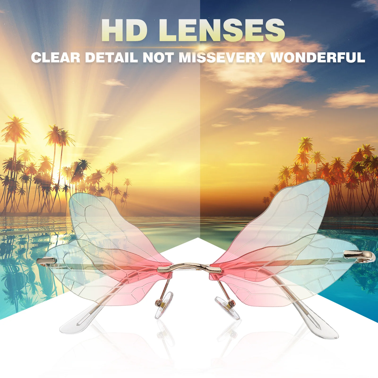 

Irregular Sunglasses Black Cat Eye Rimless PC Metal Dragonfly Wing Shaped Nose Free Design Fashion Elegant Outdoor Activities