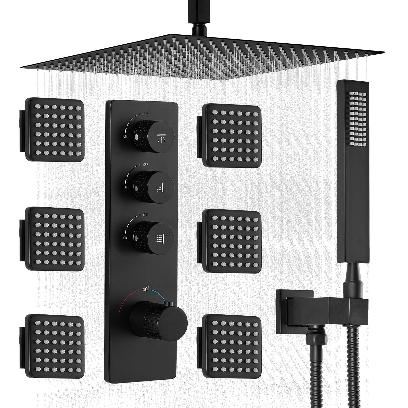 SucceBuy Shower Faucet Set 10 Inch/16 Inch Thermostatic Ceiling Mount Rainfall Shower System with 6 Body Jets and Handheld Spray