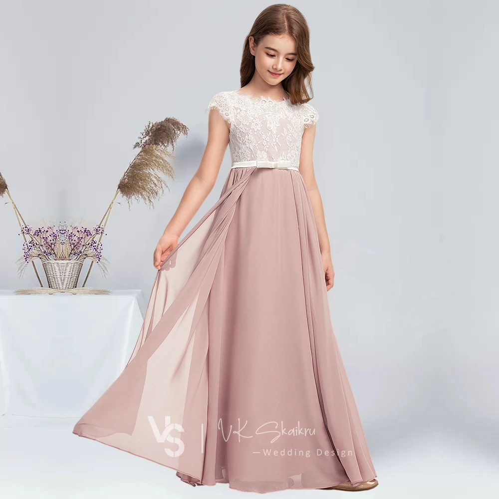 A-line Scoop Floor-Length Chiffon Lace Satin Junior Bridesmaid Dresses With Bow Back Zip Short Sleeves Flower Lace Girl Dress