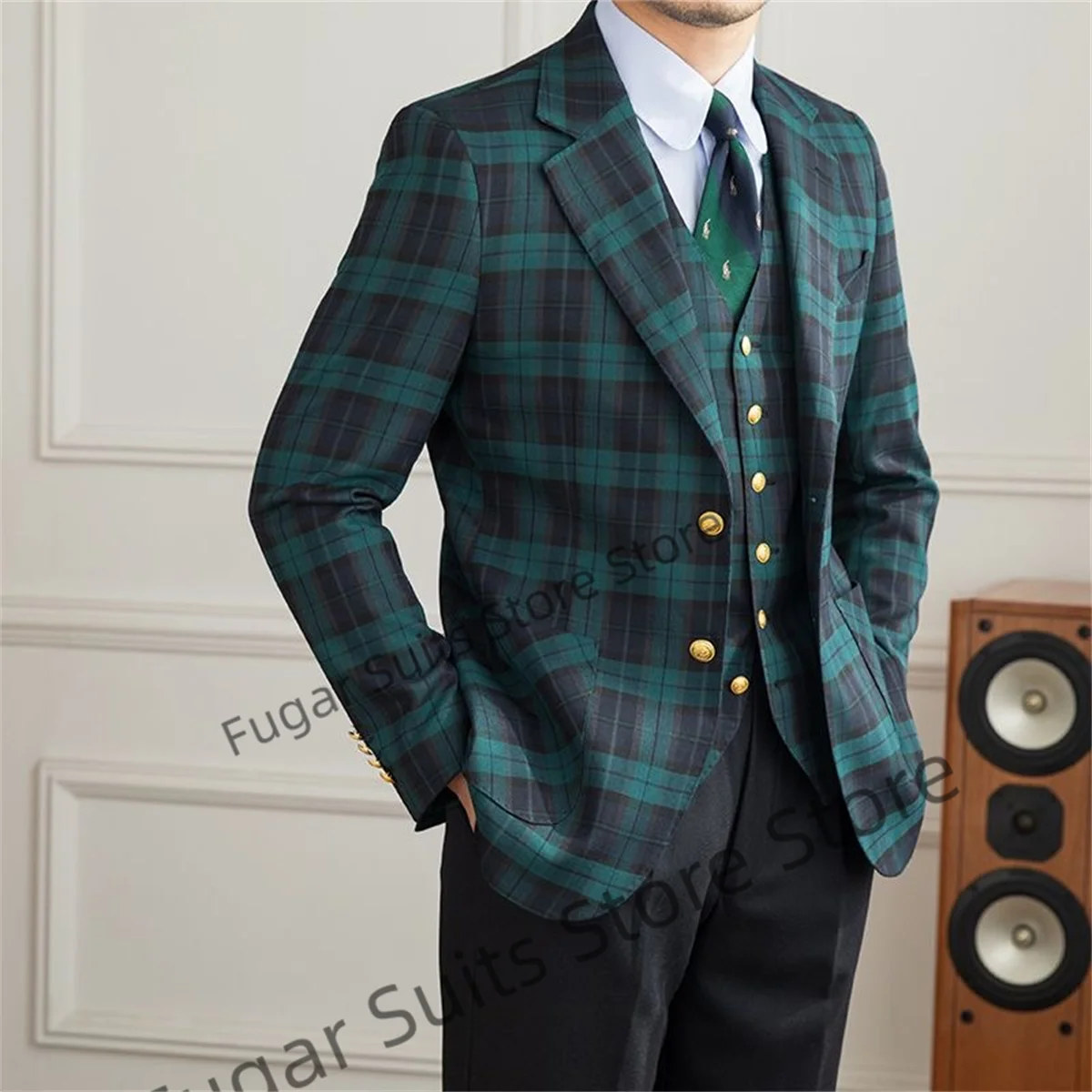 English Style Plaid Men Suits Slim Fit Notched Lapel Wedding Groom Formal Tuxedos 3Pieces Sets Elegant Male Blazer Costume Homme