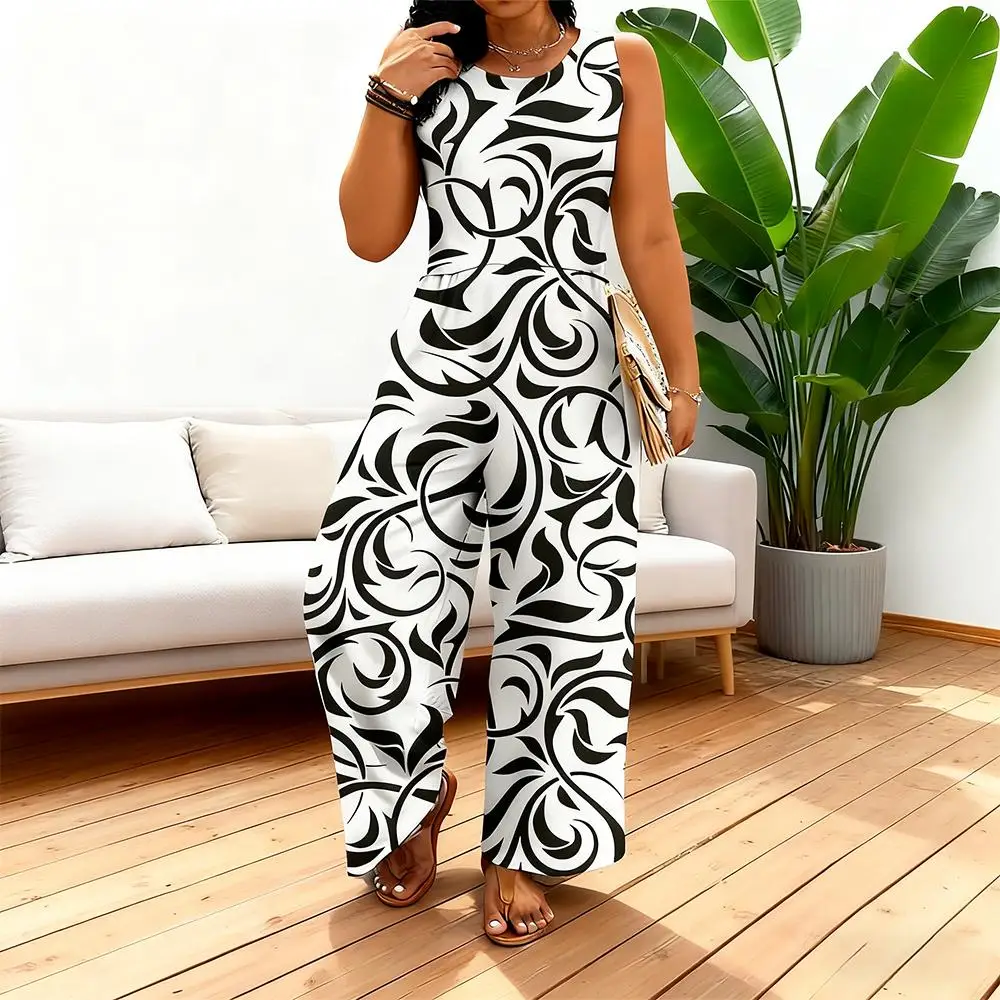

Женский летний комбинезон в стиле ретро, элегантный черно-белый комбинезон без рукавов с широкими штанинами и принтом, модное повседневное боди для пляжной вечеринки
