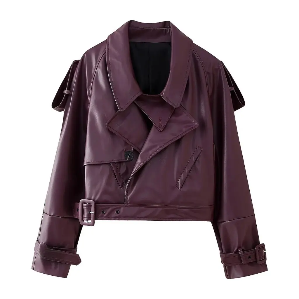 

Women's Vintage Leather Jacket Adjustable Cuff Lapel Style Y24134/L5A330 European American New Personalized Streetwear