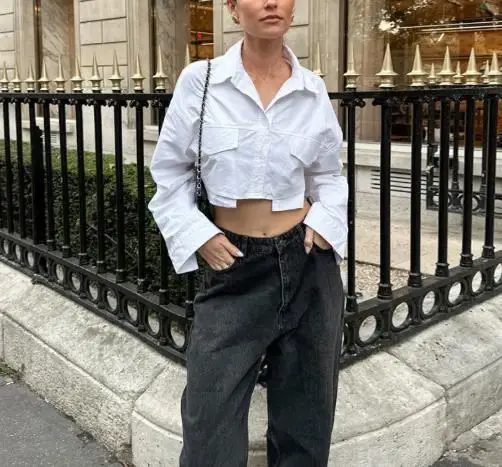 

Autumn Pure Cotton Women's Shirt Pocket Decoration Slim Casual Short Top with Elegant and Fashionable Temperament Short Shirt