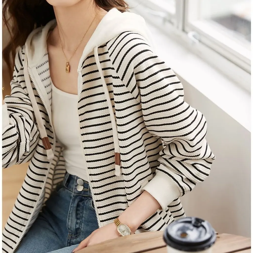 

Women's Casual Striped Hooded Cardigan Spring Fashion Easy Match Commuting Sweatshirt Jacket