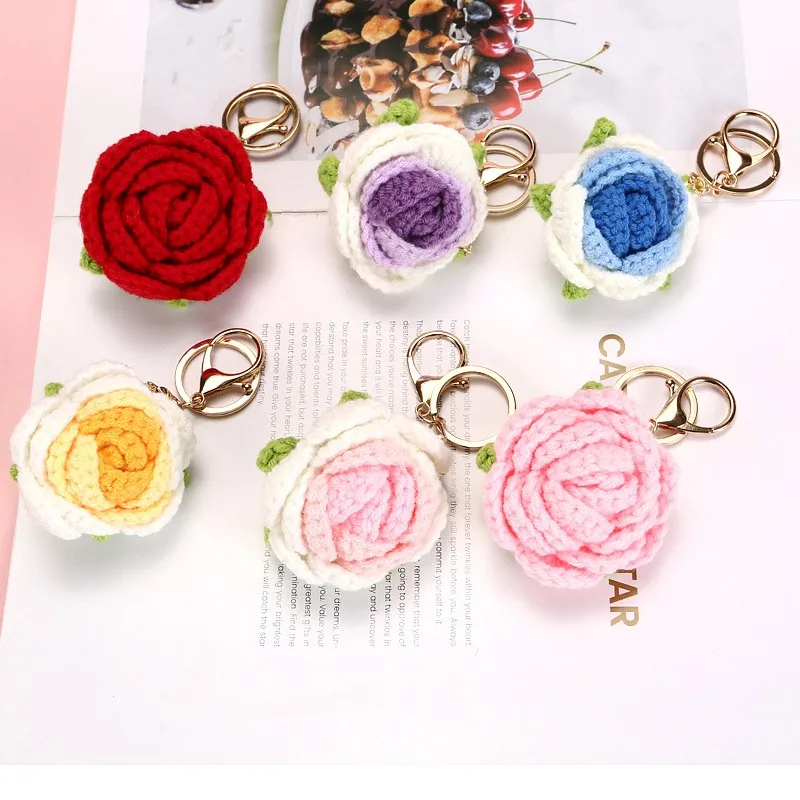 

Sweet Rose Flower Crochet Keyrings Handmaking Crochet Rose Keychain For Couple Gifts Knitting Rose Flower Keychains Wholesale