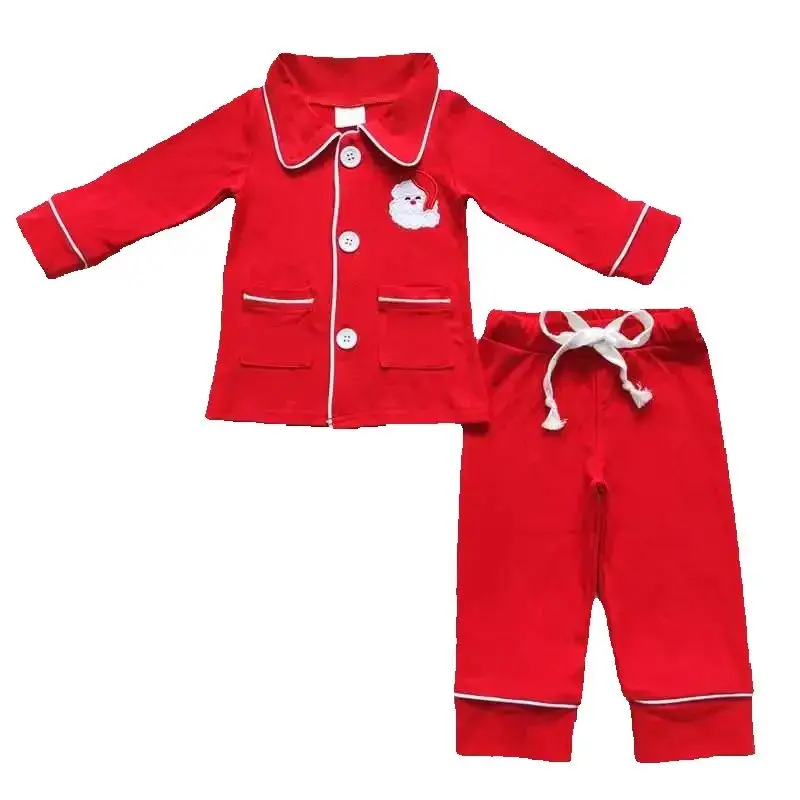 

2025 RTS toddler boy cotton solid christmas pajama santa embroidery kids clothing children boutique girls boys nightwaer clothes