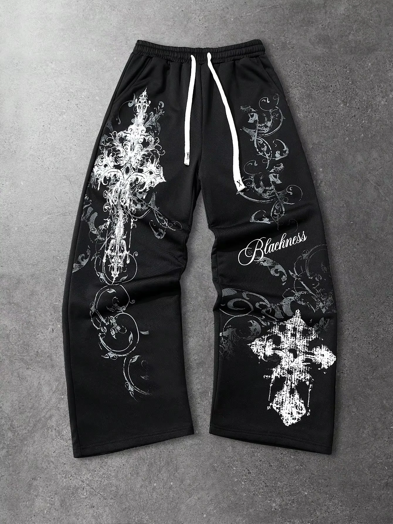 Men Women Dark Gothic Cross Print Straight Leg Jogger Pants Retro Baroque Floral Y2K Hip‑hop Street Fashion Casual Long Trousers