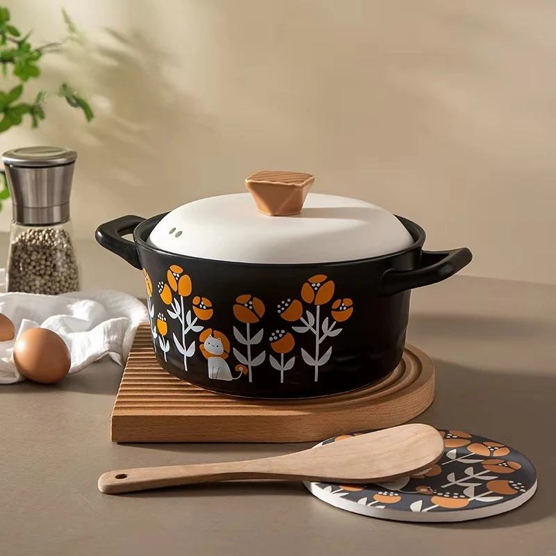 

FENN Low MOQ Handmade Handpainted Flower Plant Heat Resistant Kitchen Cooking Casserole Soup Ceramic Stew Pot